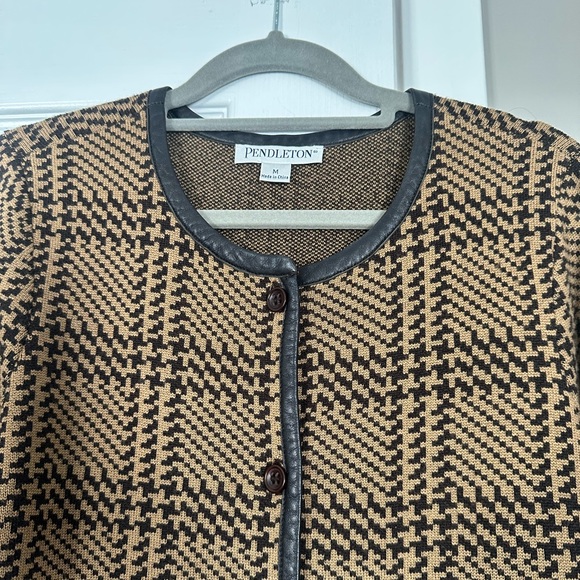 Pendleton 100% Merino Wool Leather Trim Plaid Cardigan Sweater Top - Picture 2 of 8